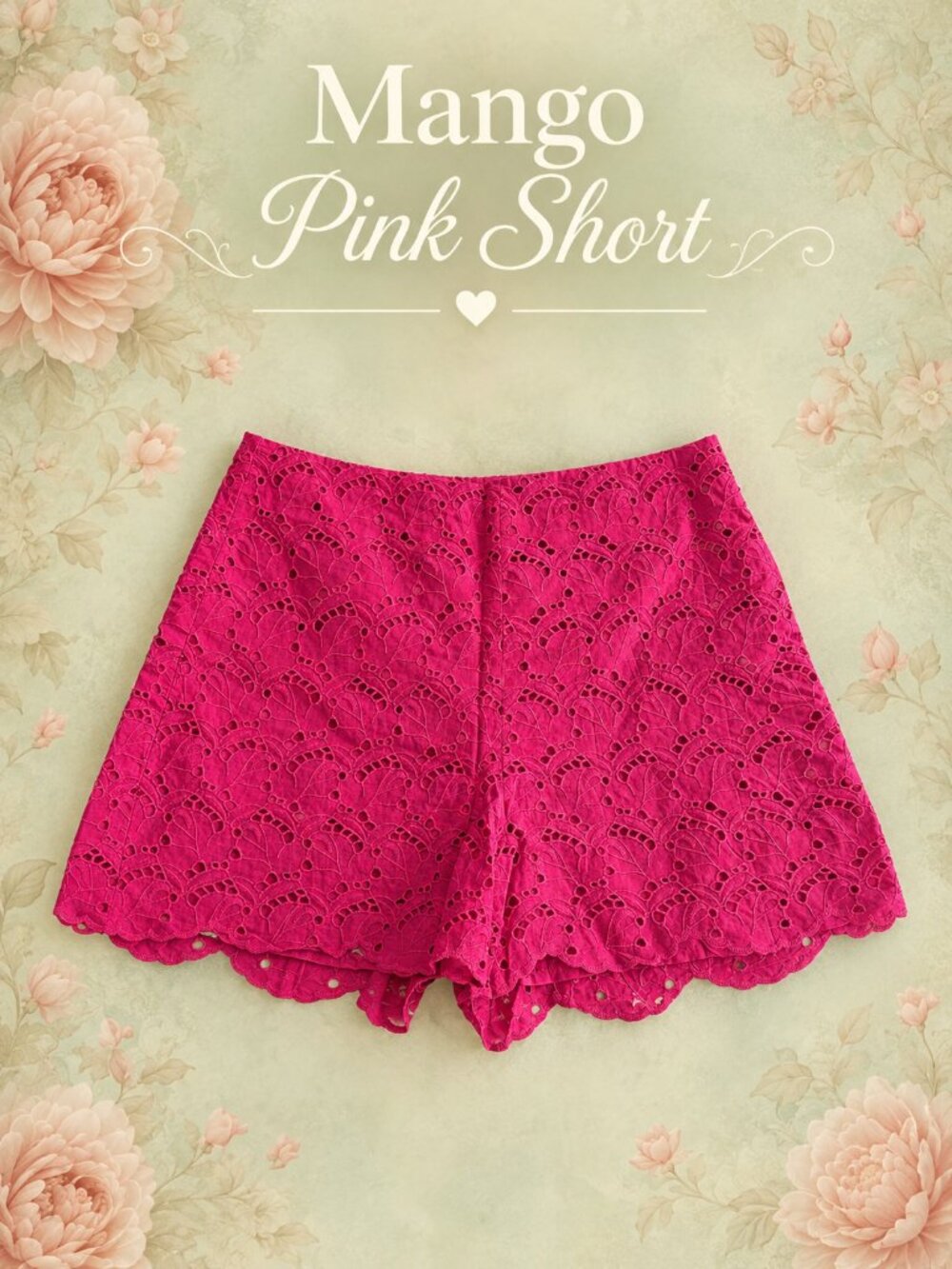 Mango Pink Embroidered Eyelet Shorts with Scalloped Hem